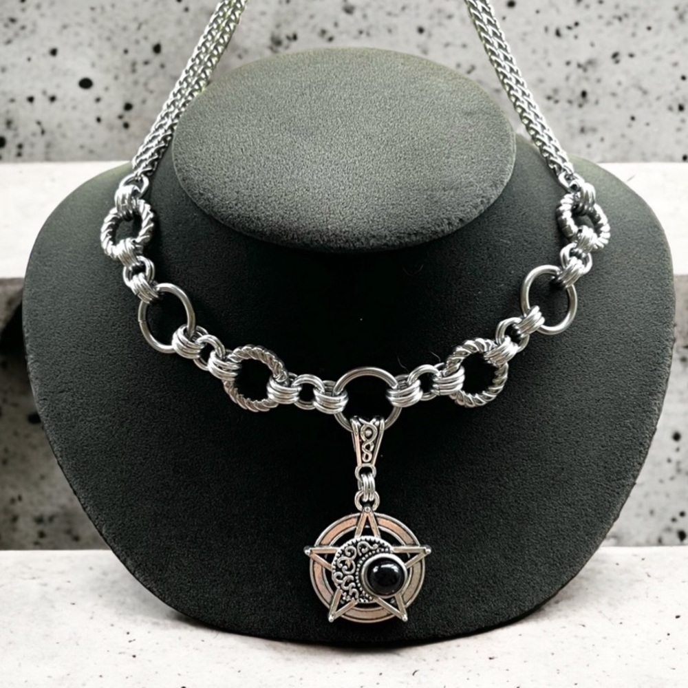 Handmade stainless steel necklace double wheat chain onyx moon pentagram charm